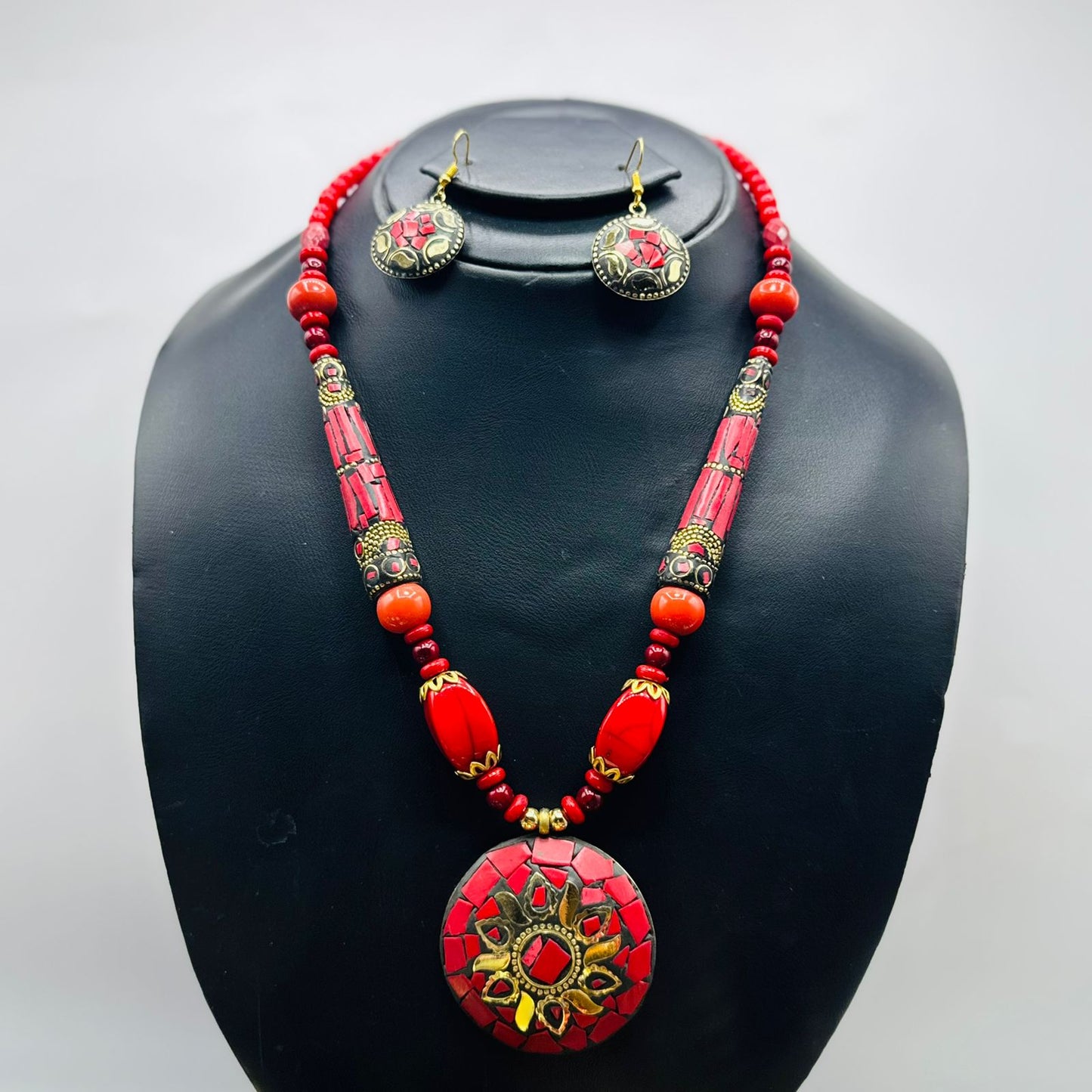 Red_White-Stone mala with matching EarRings