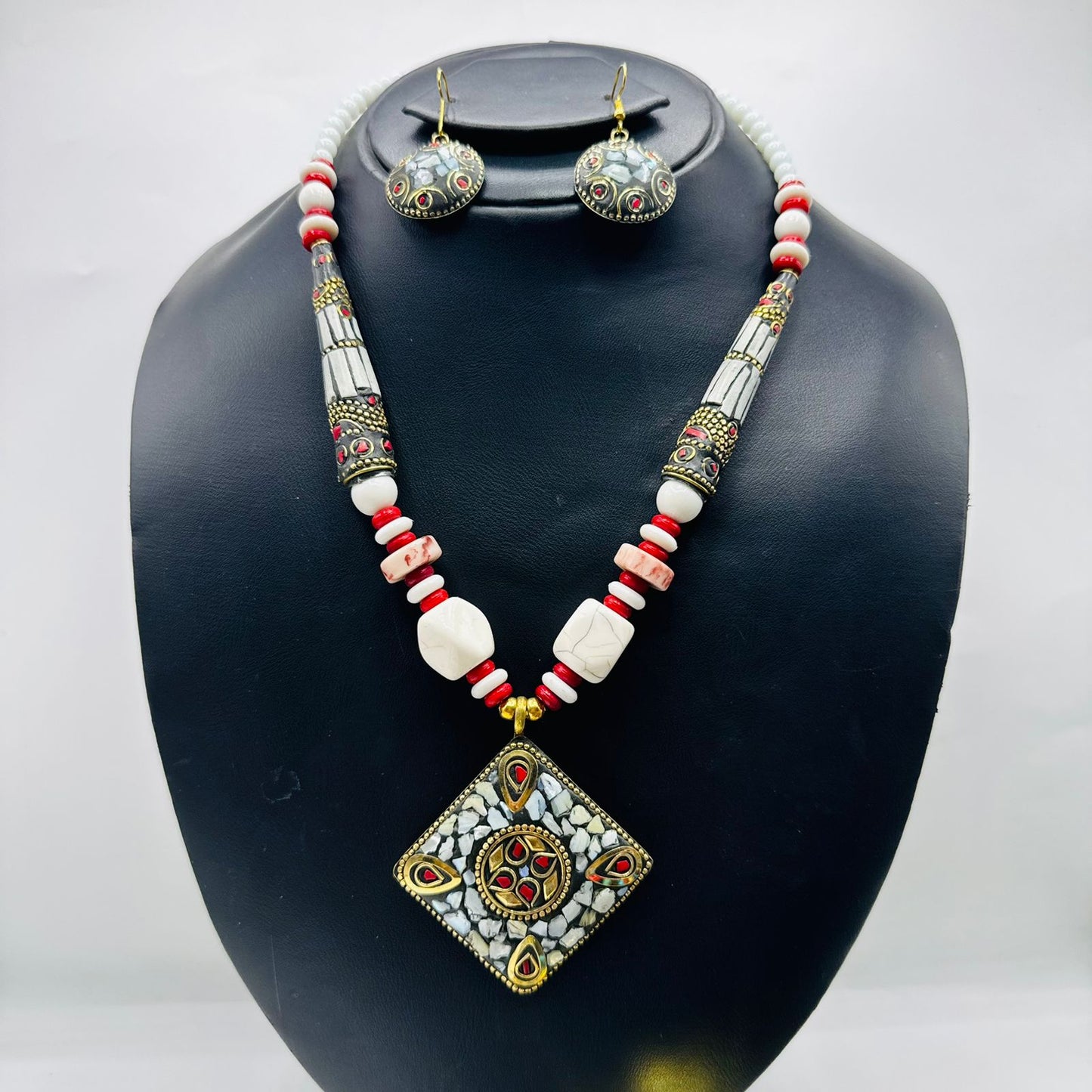 Red_White-Stone mala with matching EarRings