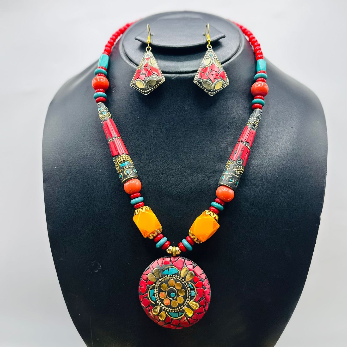 Red_White-Stone mala with matching EarRings
