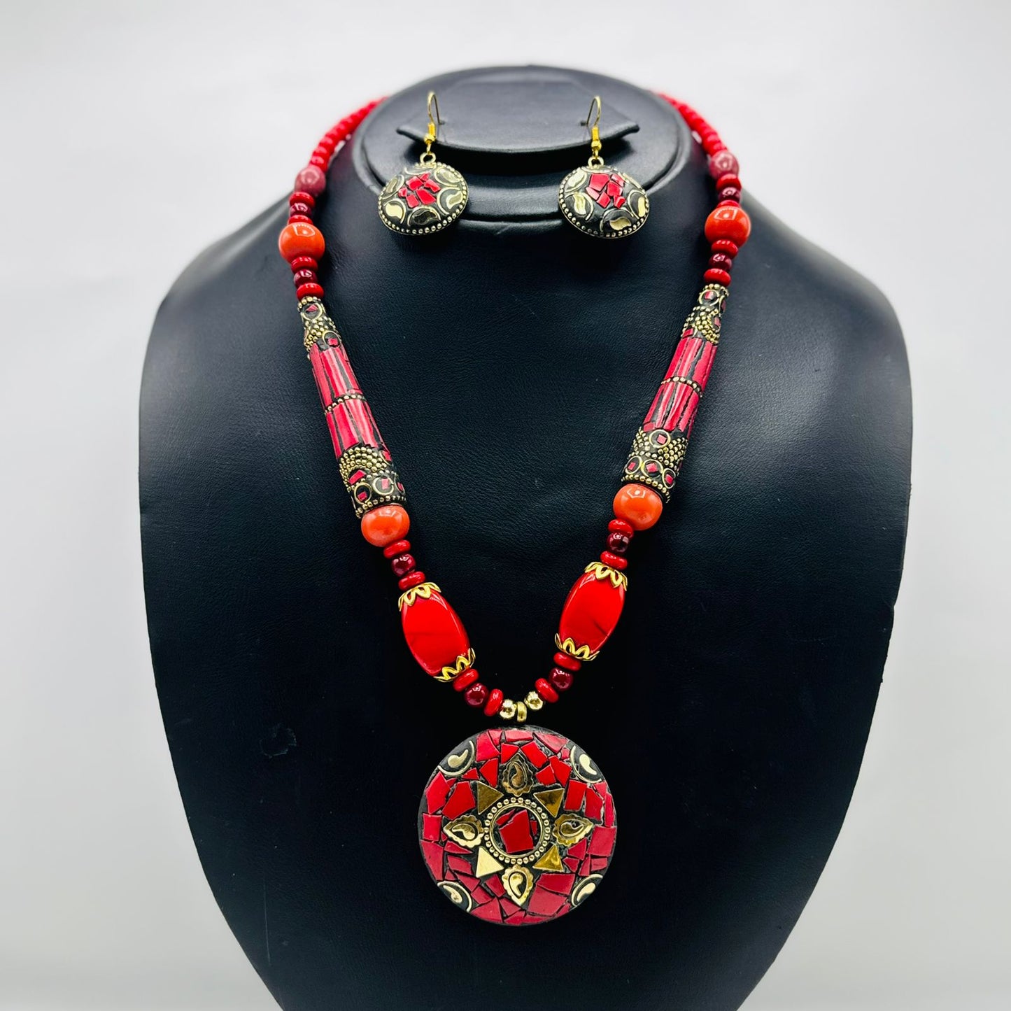 Red_White-Stone mala with matching EarRings