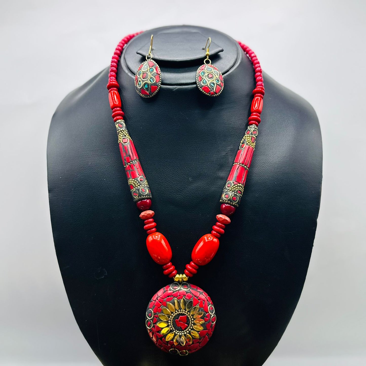 Red_White-Stone mala with matching EarRings
