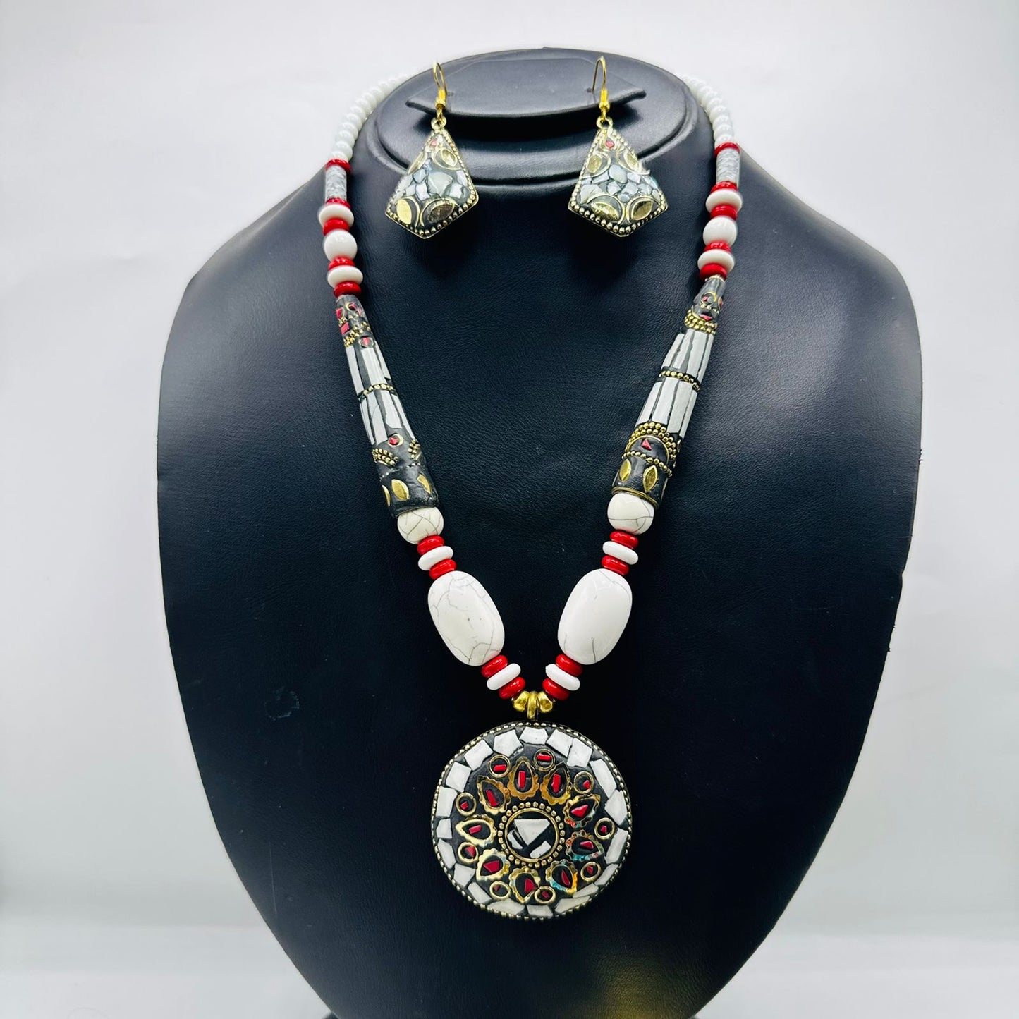 Red_White-Stone mala with matching EarRings