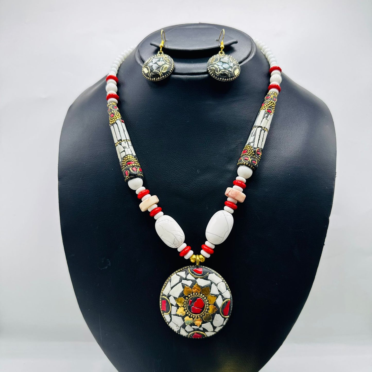 Red_White-Stone mala with matching EarRings