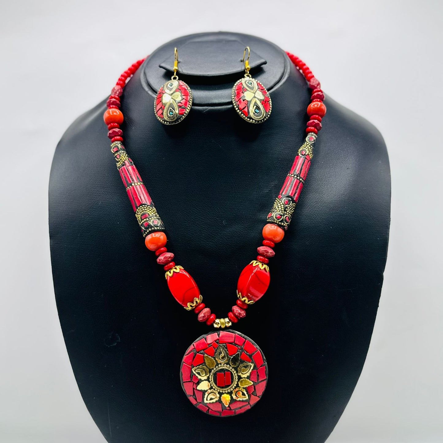 Red_White-Stone mala with matching EarRings