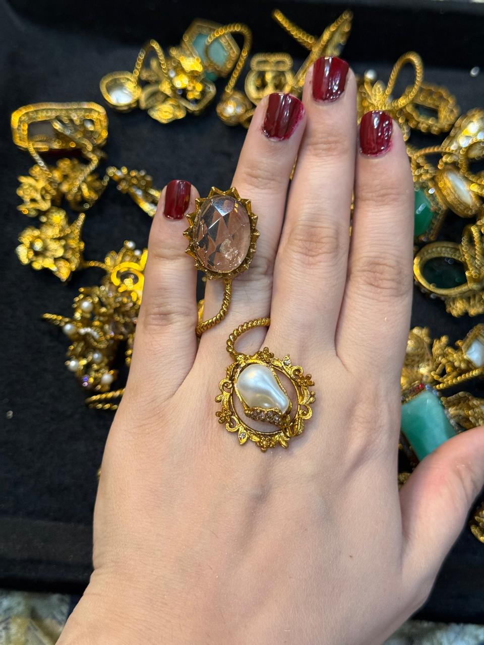 Turkish Ottoman Ring | Antique Gold Statement Ring with Semi-Precious Stone & Pearl Detail | New Arrival 6