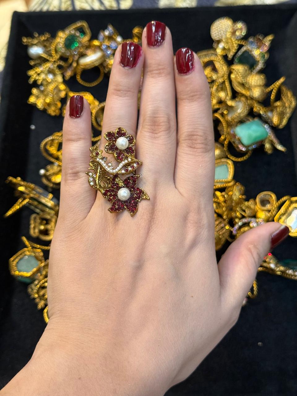 Turkish Ottoman Ring | Antique Gold Statement Ring with Semi-Precious Stone & Pearl Detail | New Arrival 7