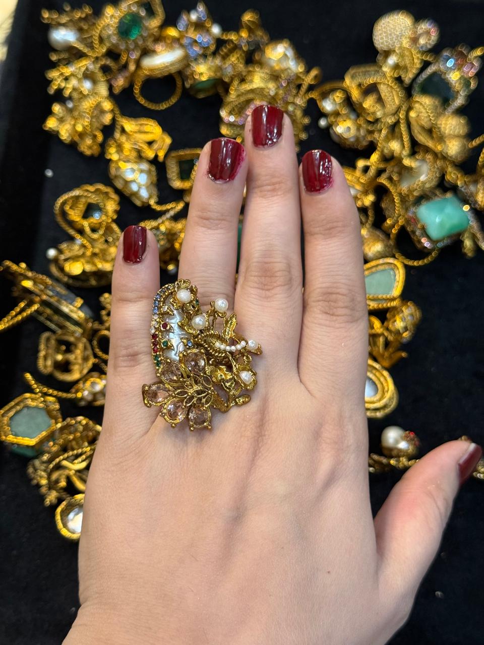 Turkish Ottoman Ring | Antique Gold Statement Ring with Semi-Precious Stone & Pearl Detail | New Arrival 11