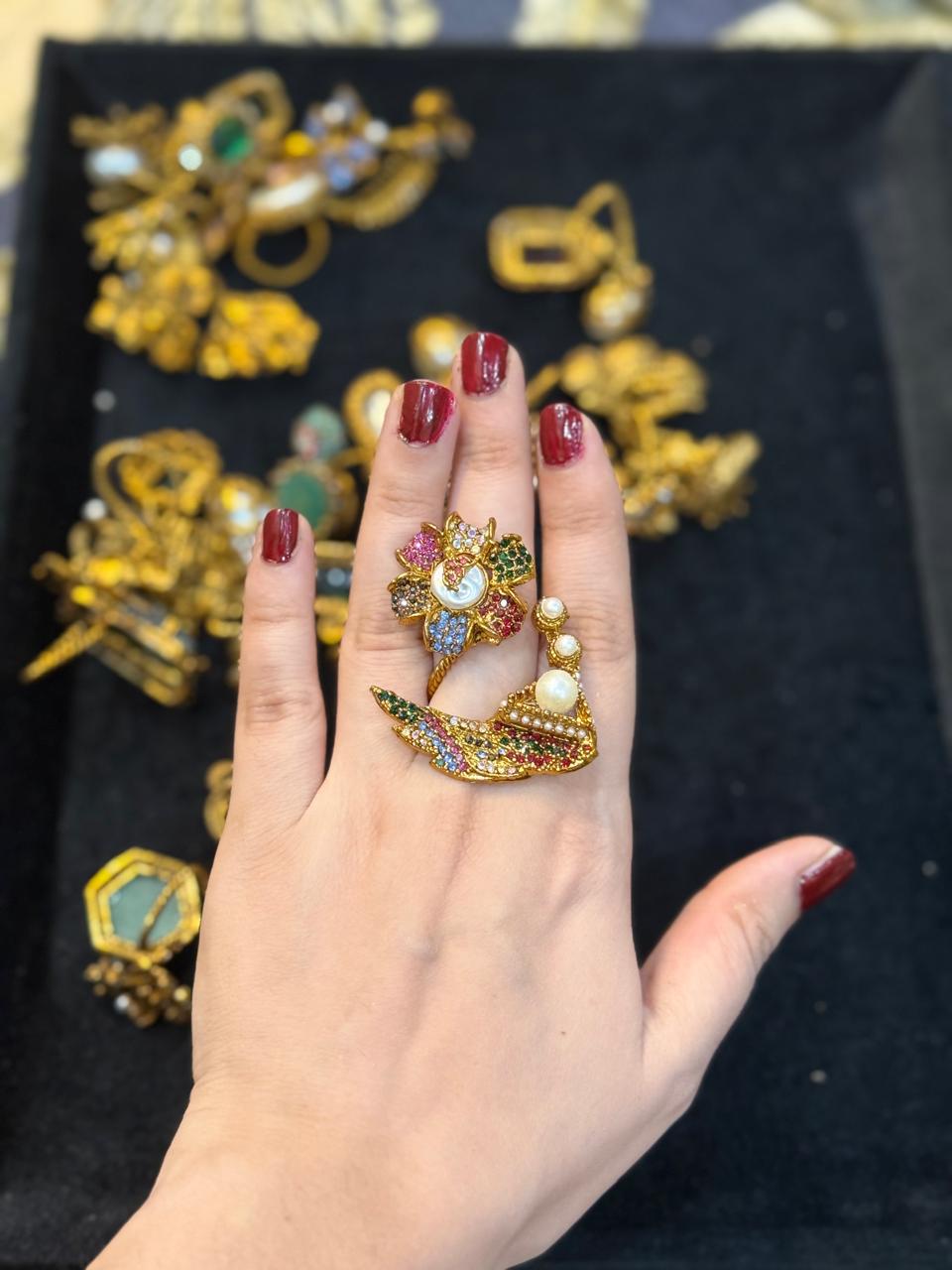 Turkish Ottoman Ring | Antique Gold Statement Ring with Semi-Precious Stone & Pearl Detail | New Arrival 18