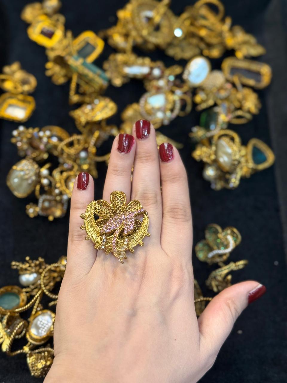 Turkish Ottoman Ring | Antique Gold Statement Ring with Semi-Precious Stone & Pearl Detail | New Arrival 20