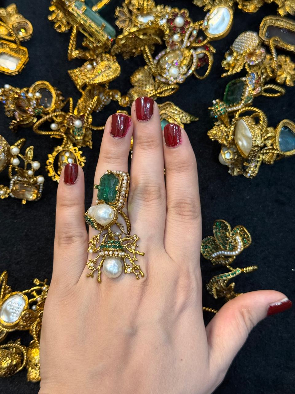 Turkish Ottoman Ring | Antique Gold Statement Ring with Semi-Precious Stone & Pearl Detail | New Arrival 21