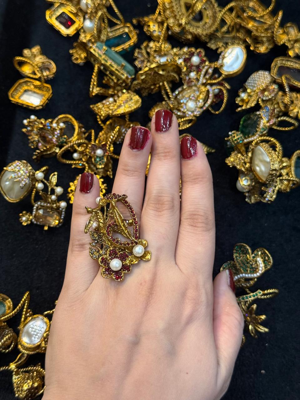 Turkish Ottoman Ring | Antique Gold Statement Ring with Semi-Precious Stone & Pearl Detail | New Arrival 22