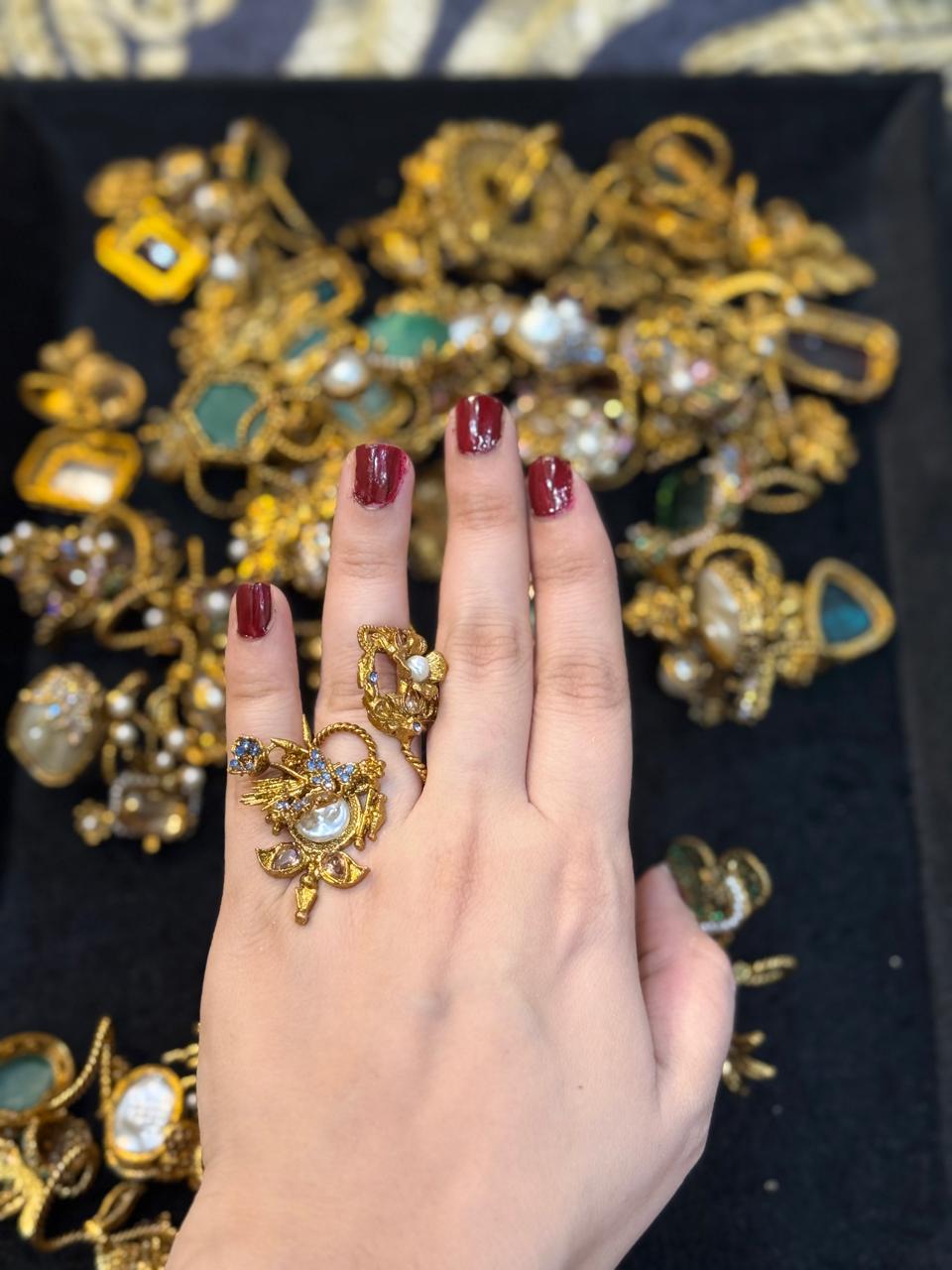 Turkish Ottoman Ring | Antique Gold Statement Ring with Semi-Precious Stone & Pearl Detail | New Arrival 27