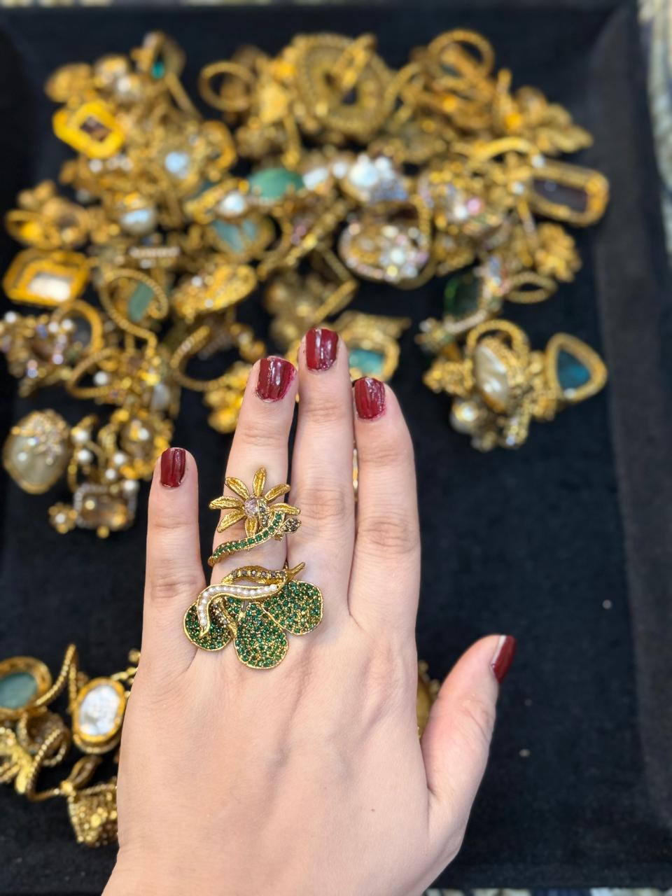 Turkish Ottoman Ring | Antique Gold Statement Ring with Semi-Precious Stone & Pearl Detail | New Arrival 29