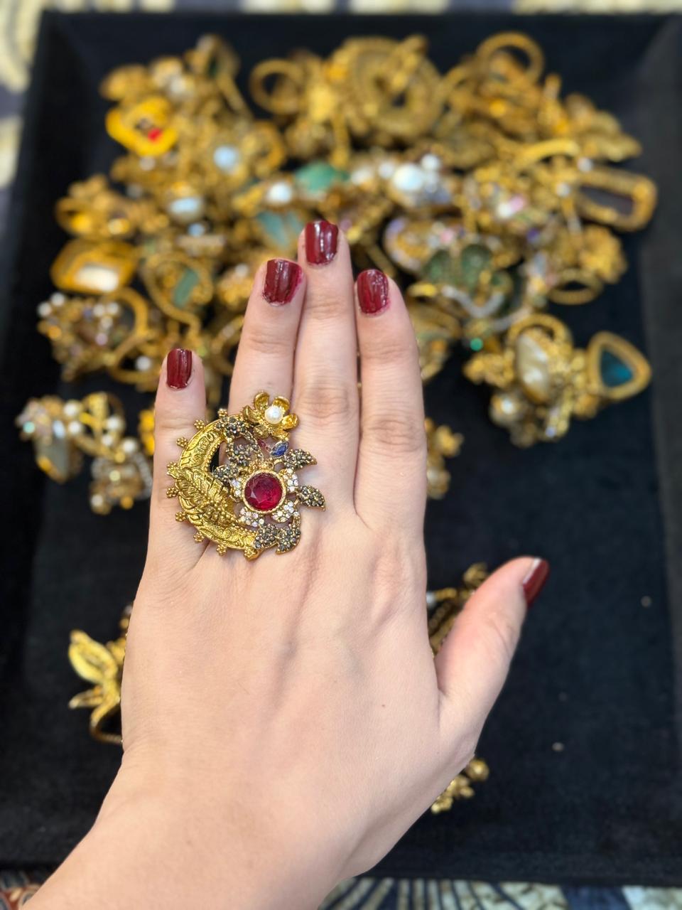 Turkish Ottoman Ring | Antique Gold Statement Ring with Semi-Precious Stone & Pearl Detail | New Arrival 30