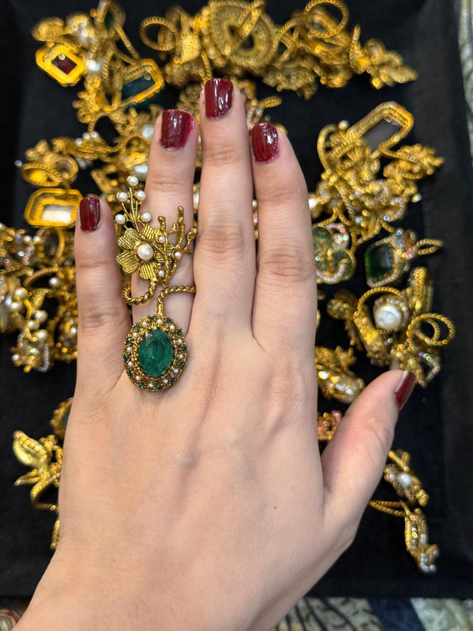 Turkish Ottoman Ring | Antique Gold Statement Ring with Semi-Precious Stone & Pearl Detail | New Arrival 33