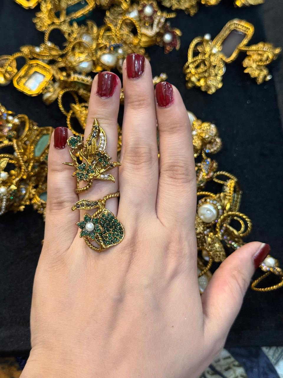 Turkish Ottoman Ring | Antique Gold Statement Ring with Semi-Precious Stone & Pearl Detail | New Arrival 36