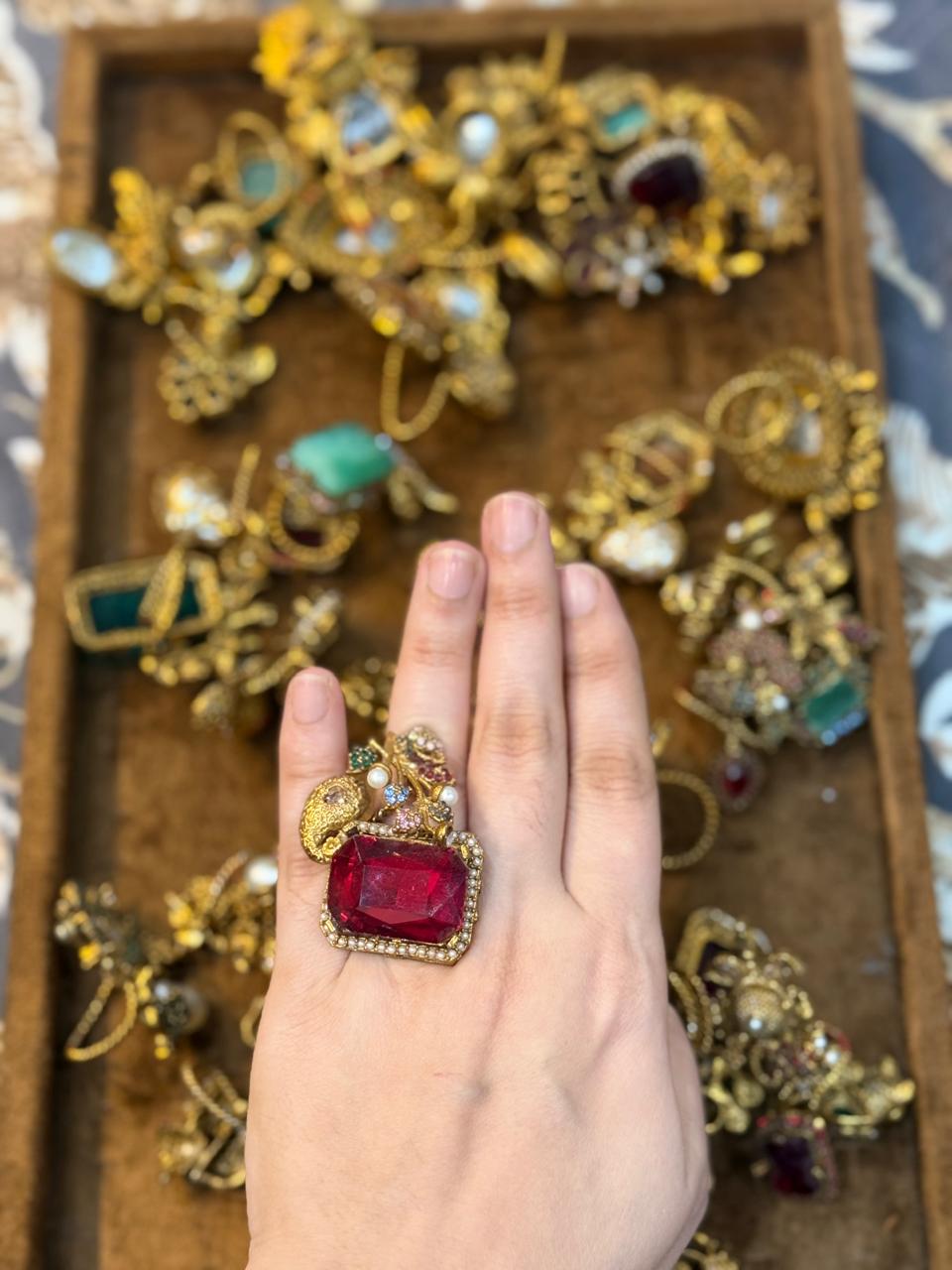 Turkish Ottoman Ring | Antique Gold Statement Ring with Semi-Precious Stone & Pearl Detail | New Arrival 2
