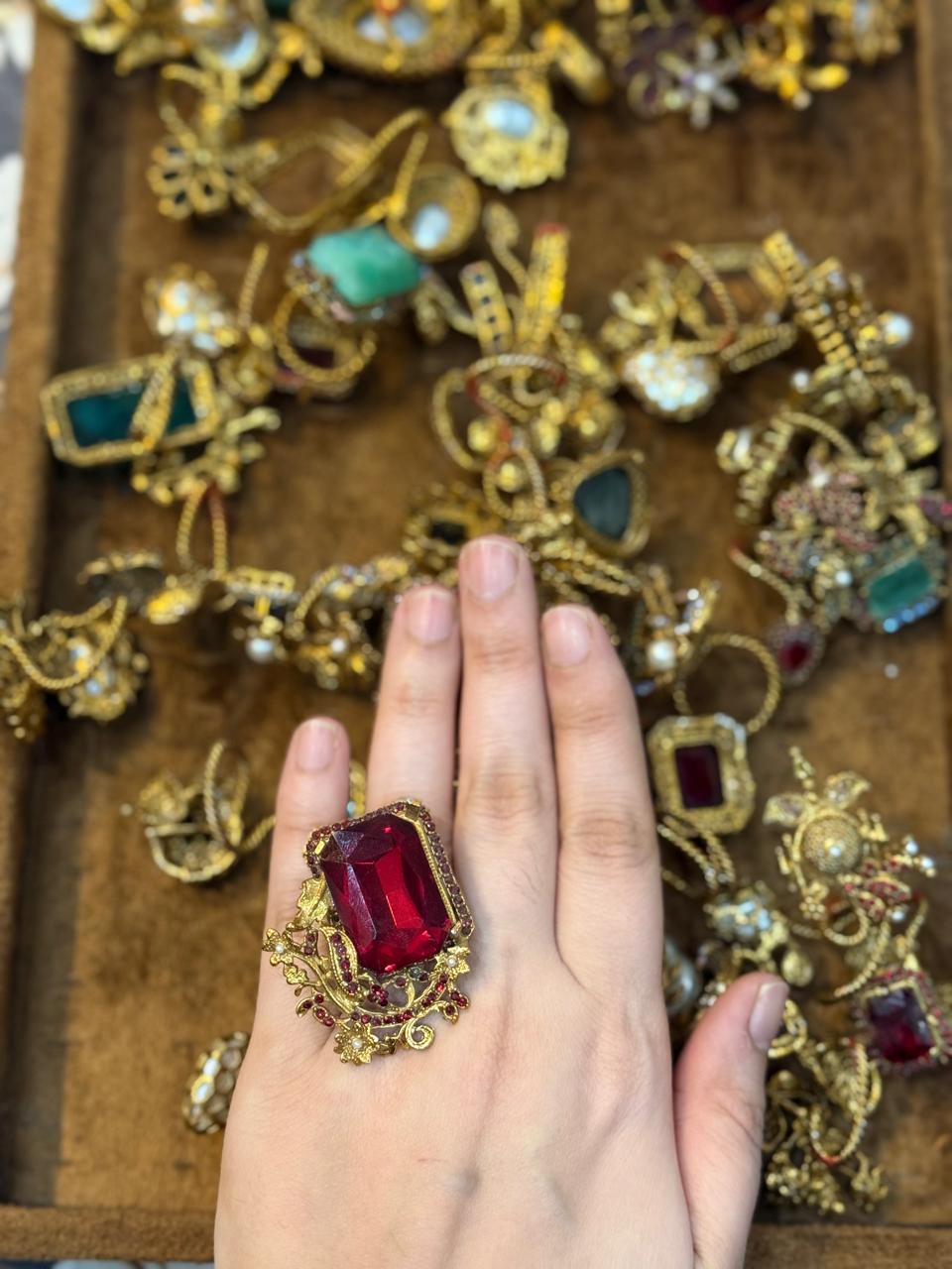Turkish Ottoman Ring | Antique Gold Statement Ring with Semi-Precious Stone & Pearl Detail | New Arrival 4