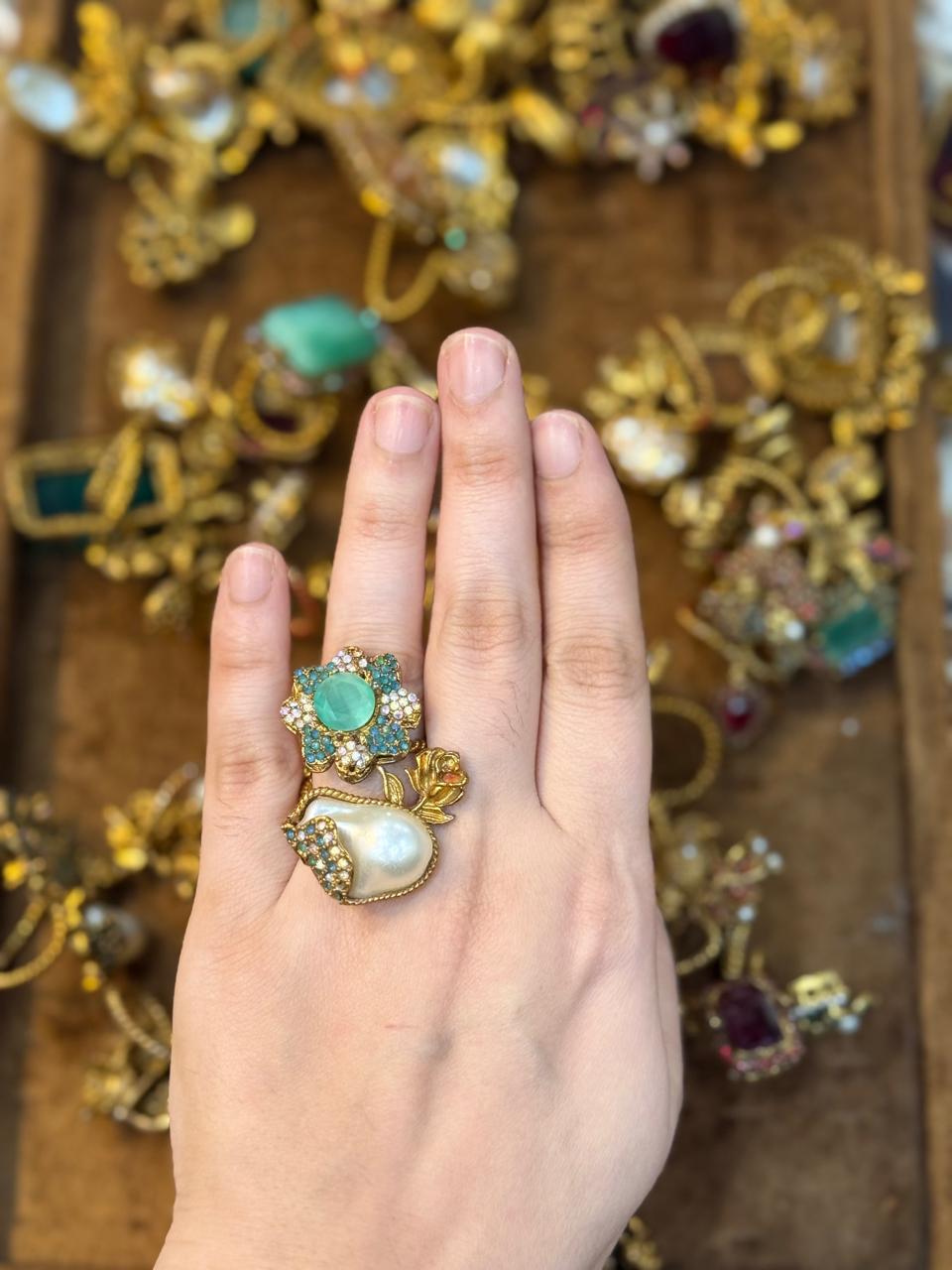 Turkish Ottoman Ring | Antique Gold Statement Ring with Semi-Precious Stone & Pearl Detail | New Arrival 7