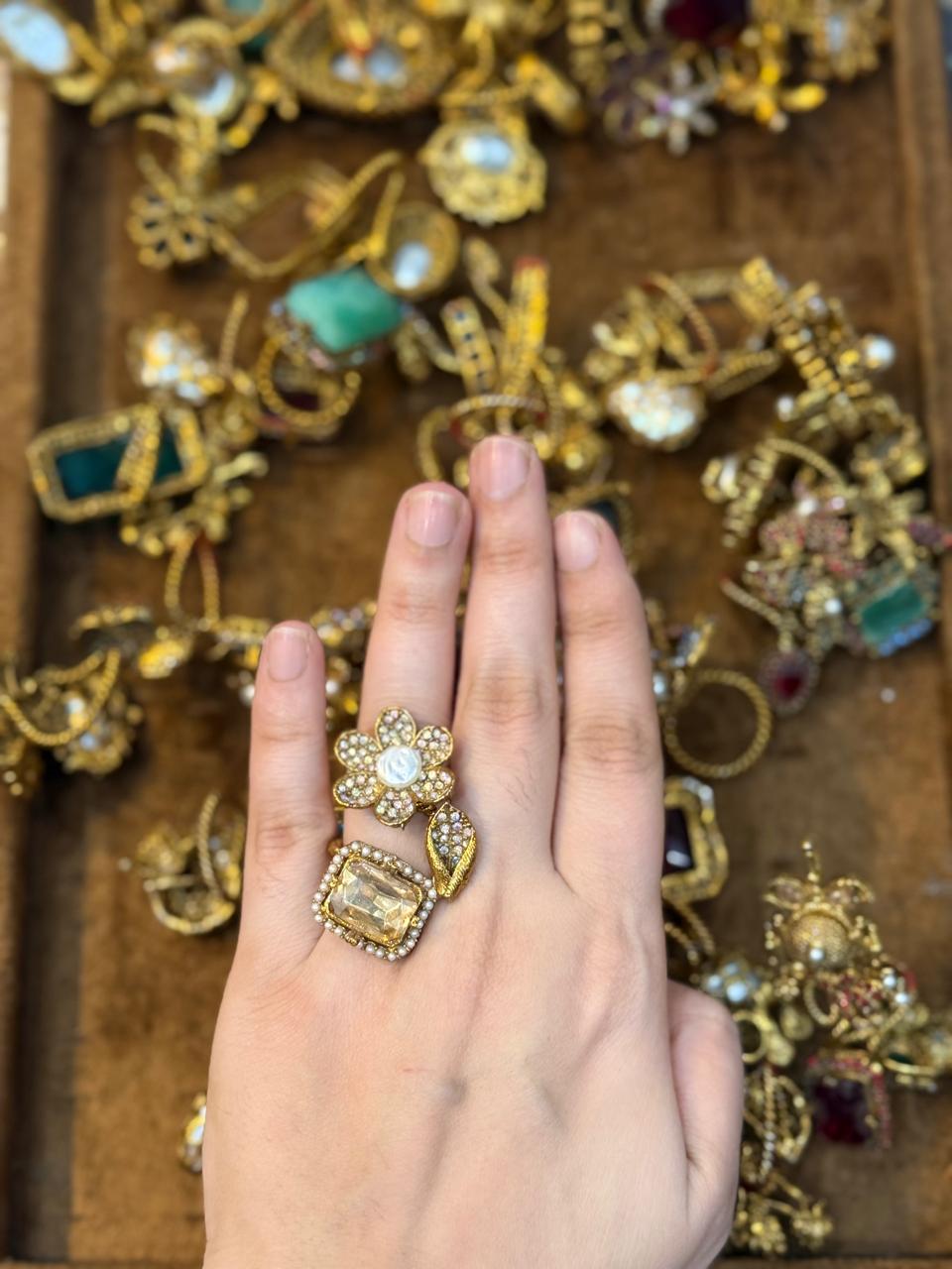 Turkish Ottoman Ring | Antique Gold Statement Ring with Semi-Precious Stone & Pearl Detail | New Arrival 12