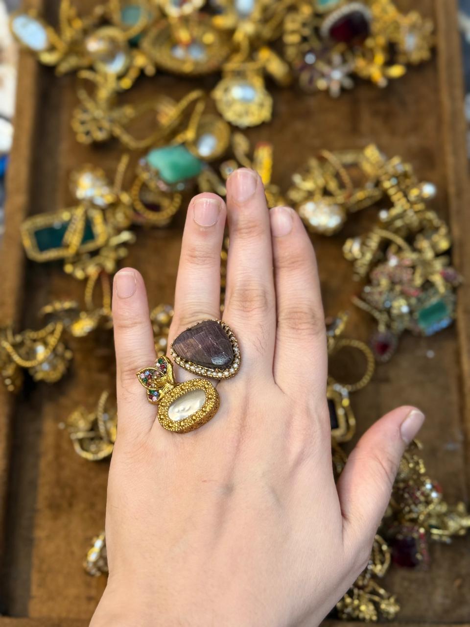 Turkish Ottoman Ring | Antique Gold Statement Ring with Semi-Precious Stone & Pearl Detail | New Arrival 13