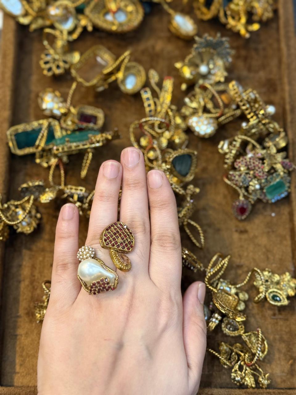 Turkish Ottoman Ring | Antique Gold Statement Ring with Semi-Precious Stone & Pearl Detail | New Arrival 22