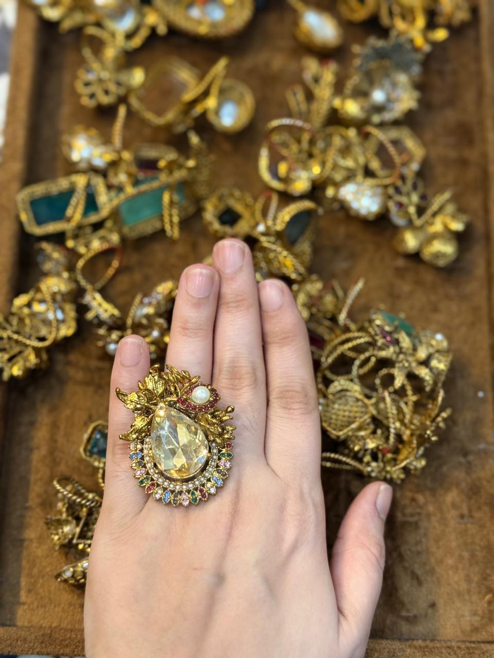 Turkish Ottoman Ring | Antique Gold Statement Ring with Semi-Precious Stone & Pearl Detail | New Arrival 24
