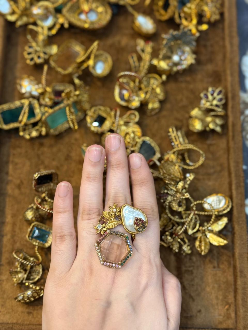 Turkish Ottoman Ring | Antique Gold Statement Ring with Semi-Precious Stone & Pearl Detail | New Arrival 26