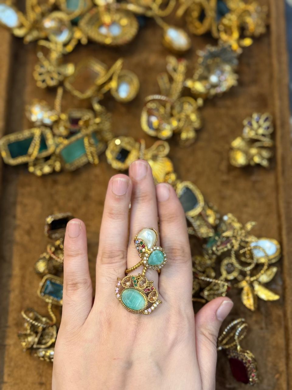 Turkish Ottoman Ring | Antique Gold Statement Ring with Semi-Precious Stone & Pearl Detail | New Arrival 27
