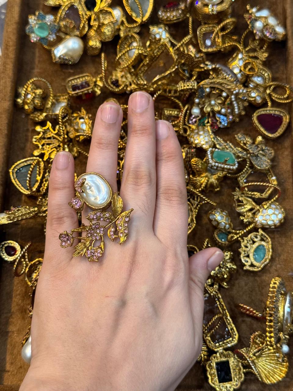 Turkish Ottoman Ring | Antique Gold Statement Ring with Semi-Precious Stone & Pearl Detail | New Arrival 42