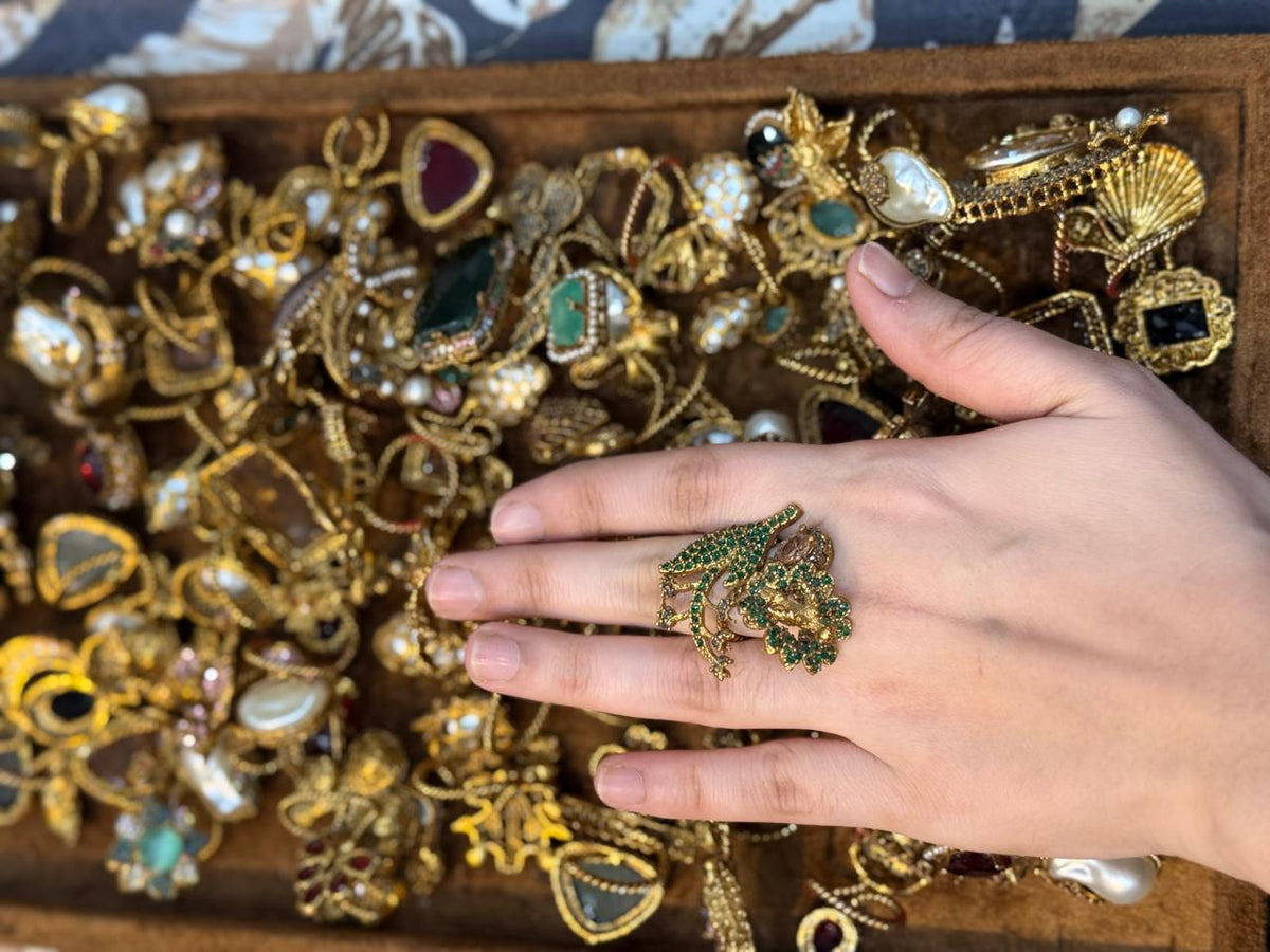 Turkish Ottoman Ring | Antique Gold Statement Ring with Semi-Precious Stone & Pearl Detail | New Arrival 49