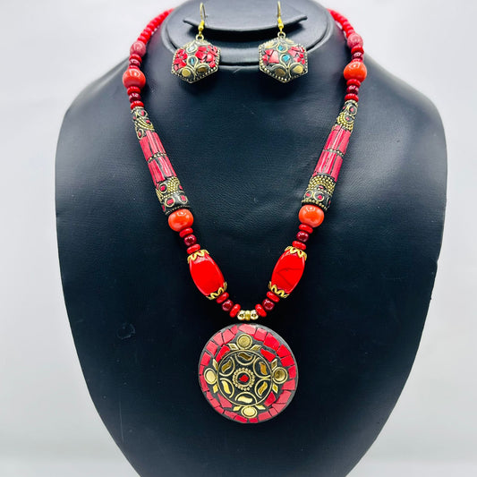 Red_White-Stone mala with matching EarRings