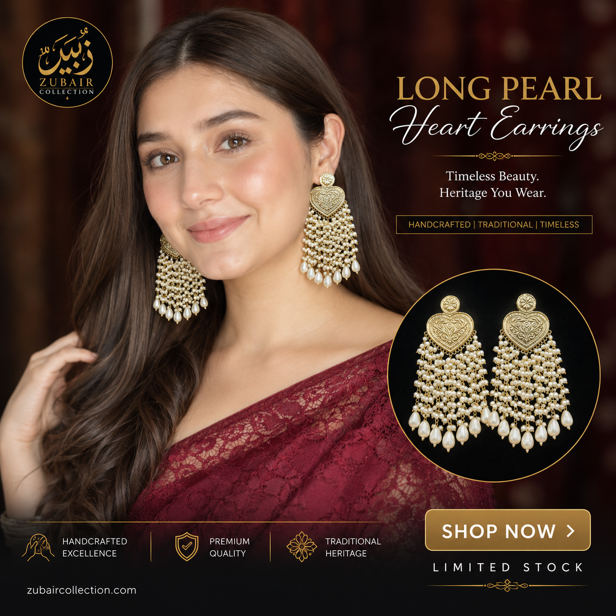 Stylish Golden and Silver Heart EarRings_Long Pearl
