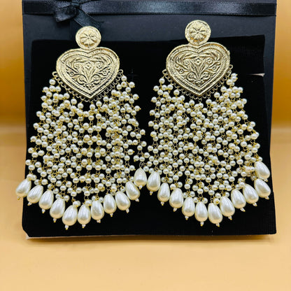 Stylish Golden and Silver Heart EarRings_Long Pearl