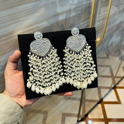 Stylish Golden and Silver Heart EarRings_Long Pearl