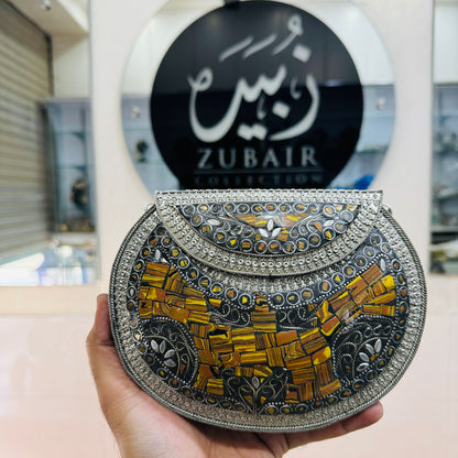 BEAUTIFUL SILVER TIGER  METAL CLUTCH