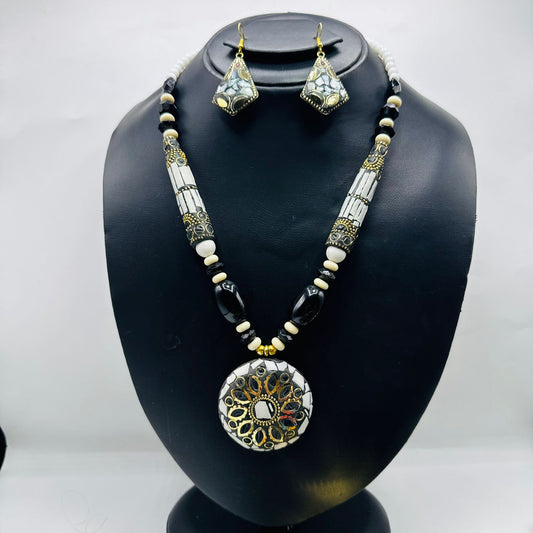 Black and White-Stone mala with matching EarRings