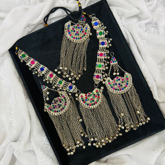 Afghani Silver Long Necklace + Matching EarRings