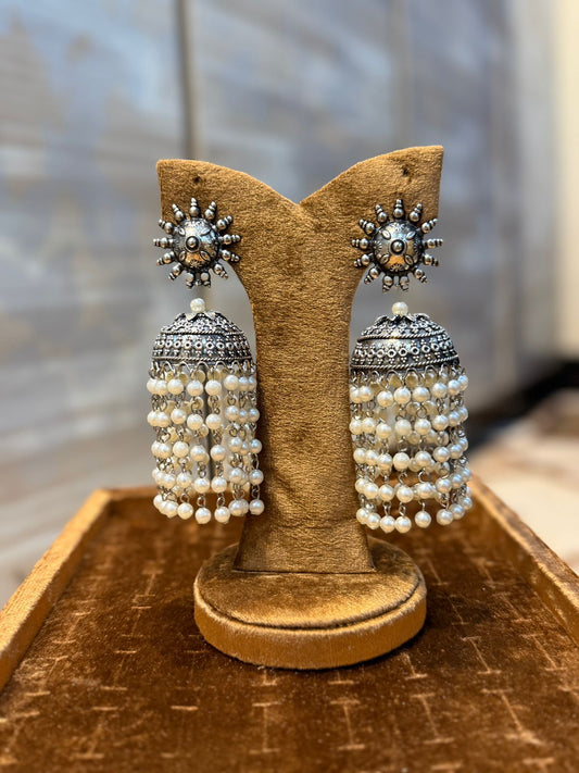 Indian Oxidized Pearl Jhumka Set