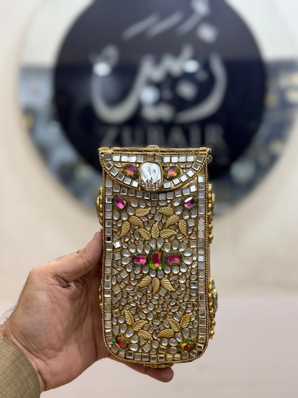 Handmade Kundan Metal Clutch_Mobile Shape_New Design 2
