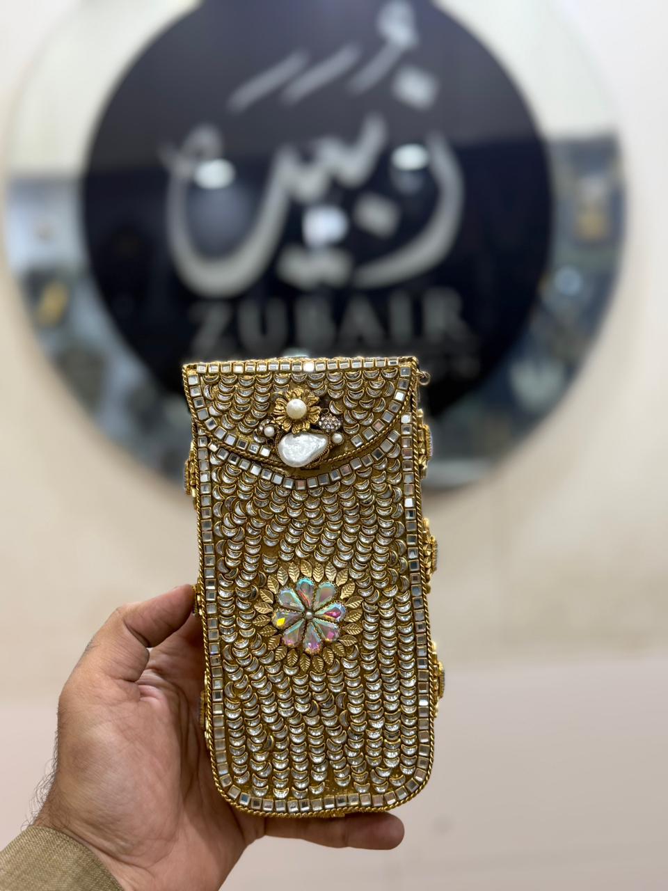 Handmade Kundan Metal Clutch_Mobile Shape_New Design 4