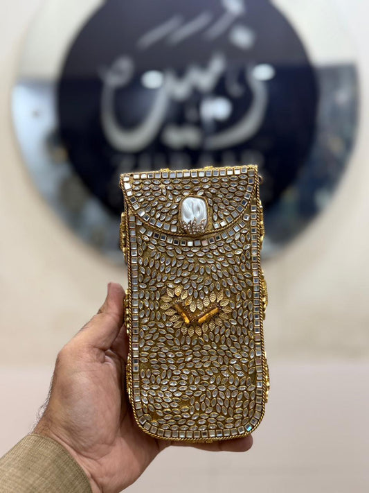 Handmade Kundan Metal Clutch_Mobile Shape_New Design 6