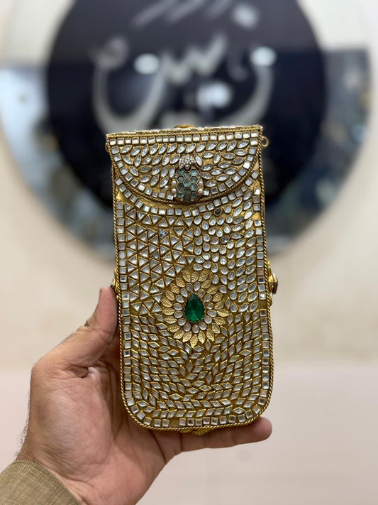 Handmade Kundan Metal Clutch_Mobile Shape_New Design 11
