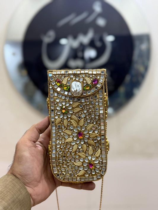 Handmade Kundan Metal Clutch_Mobile Shape_New Design 12