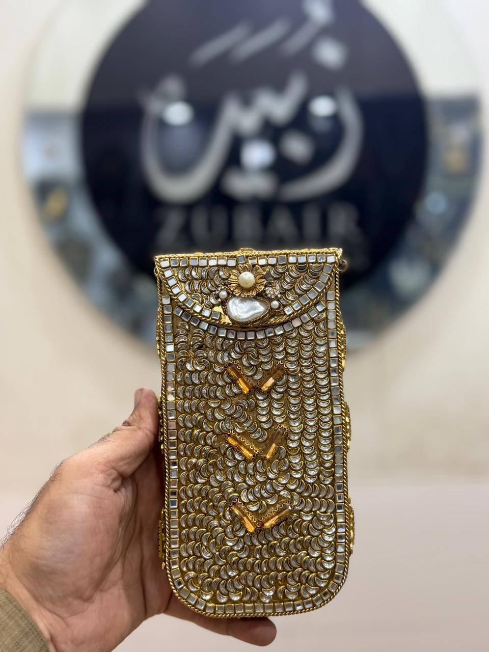 Handmade Kundan Metal Clutch_Mobile Shape_New Design 9