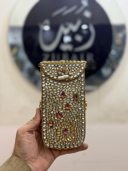 Handmade Kundan Metal Clutch_Mobile Shape_New Design 10