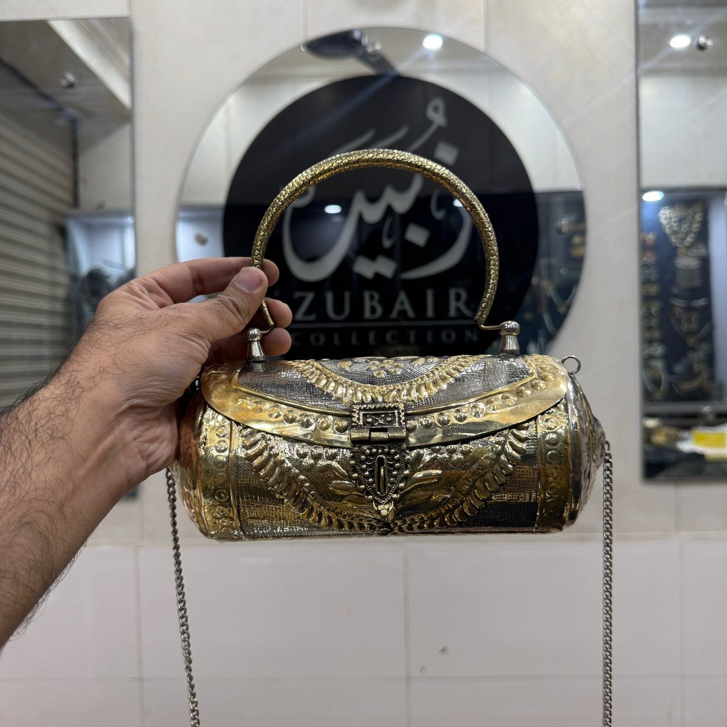 Indian Golden Metal Clutch_New Design Dholki Shape