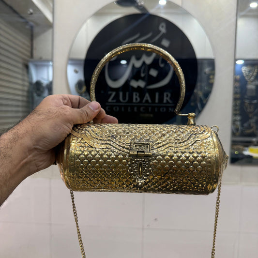 Indian Golden Metal Clutch_New Design Dholki Shape