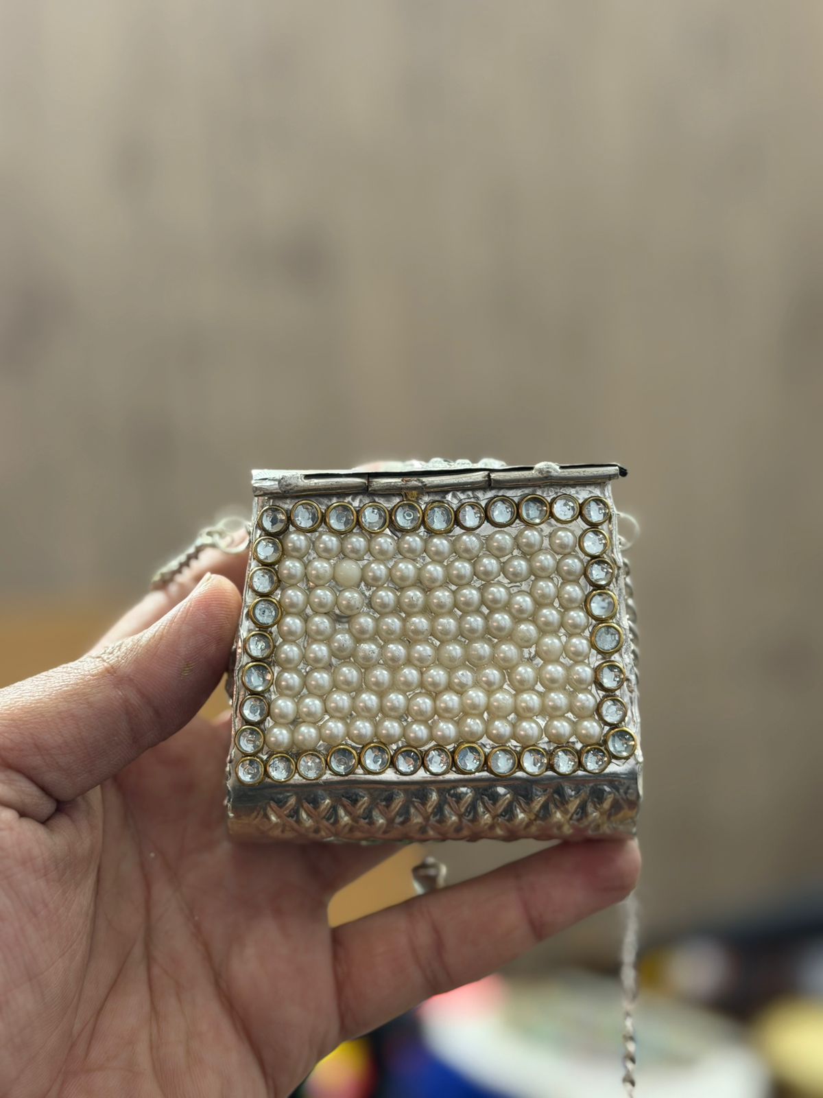 Stylish Small Indian Silver Pearl Metal Clutch