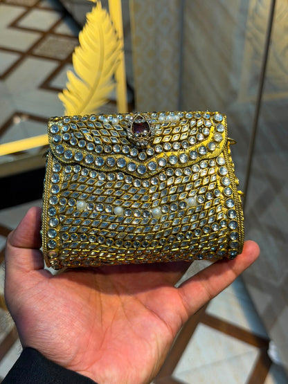 Handmade Luxury Kundan Stone Work Clutch | Wedding & Party Collection | Medium Size | Design 16